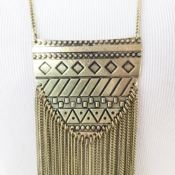 Boho Aztec Fringe Crystal Brass Layer Necklace - Picture 2 of 4